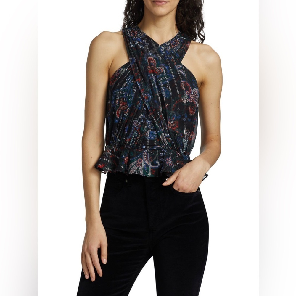 Veronica Beard Black Multi Silk Metallic Paisley Floral Halter Kailani Top NWT 6